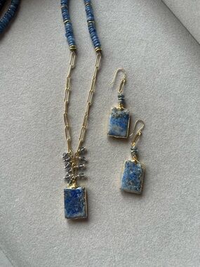 24k Gold Dipped Lapis and Iolite Necklace and Earring Set NWOT never worn